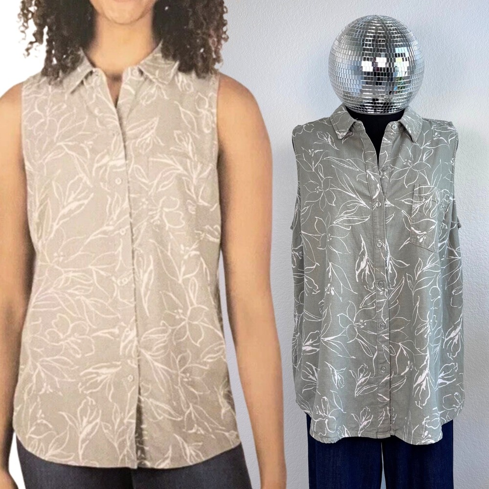 ecothreads Sleeveless Button Up Shirt‎ Green Floral Linen Blend Size Large Retro